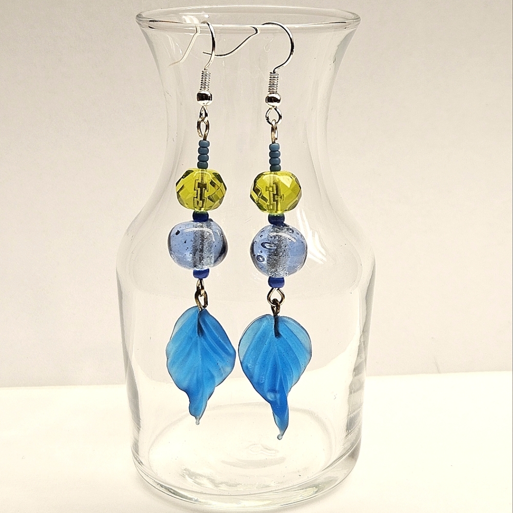 Blue And Green Beaded Leaf Earrings